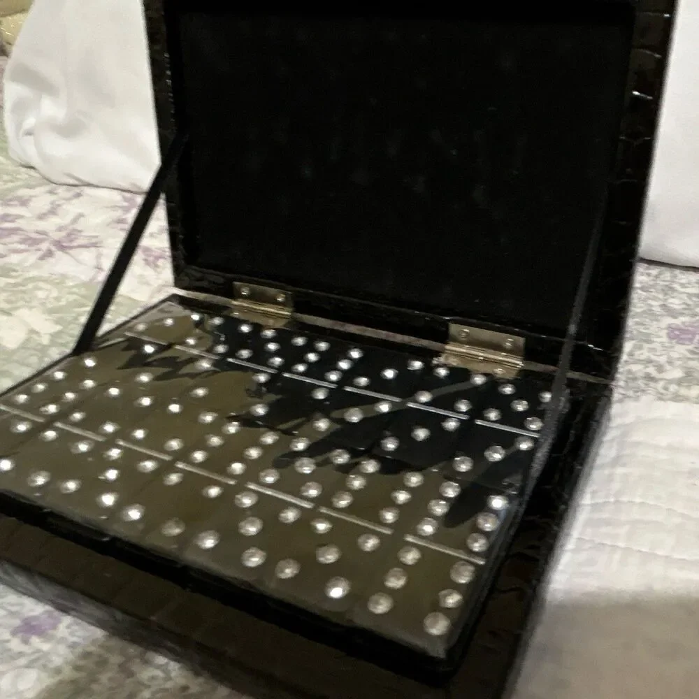 Dominoes Board Game Complete Folding Set w/ Black Hinged Case “Diamond” Dots